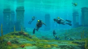 Illustration of scientists exploring submerged landscapes beneath the North and Baltic seas.