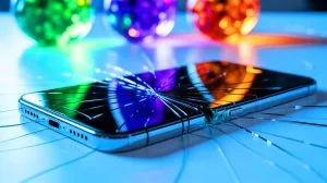Illustration of a cracked smartphone screen with potential toxic substance exposure.