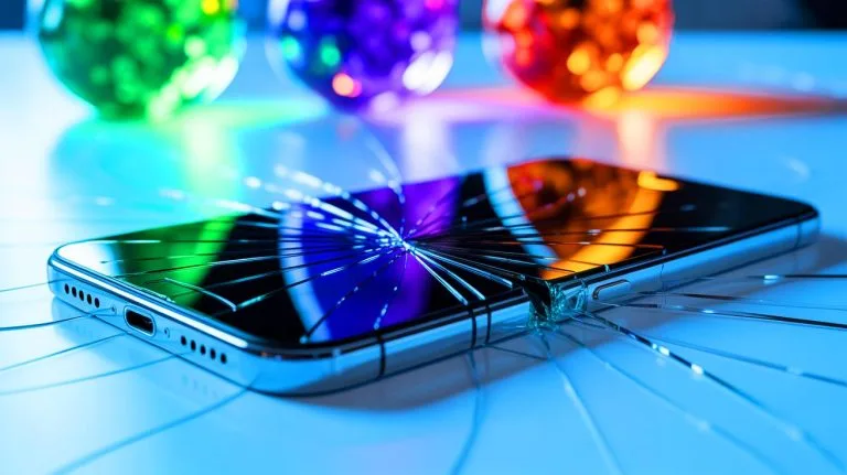 Illustration of a cracked smartphone screen with potential toxic substance exposure.