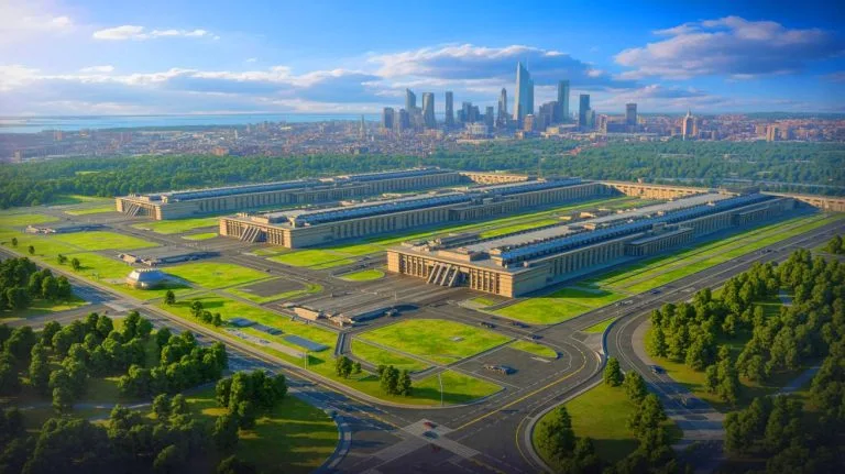 Illustration of the expansive Beijing Military City, reportedly ten times larger than the Pentagon, highlighting China's strategic military ambitions.