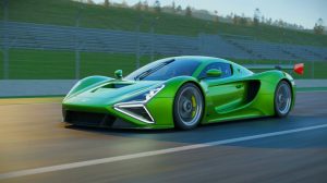 Illustration of the Yangwang U9 Track Edition hypercar breaking the speed record for electric vehicles.