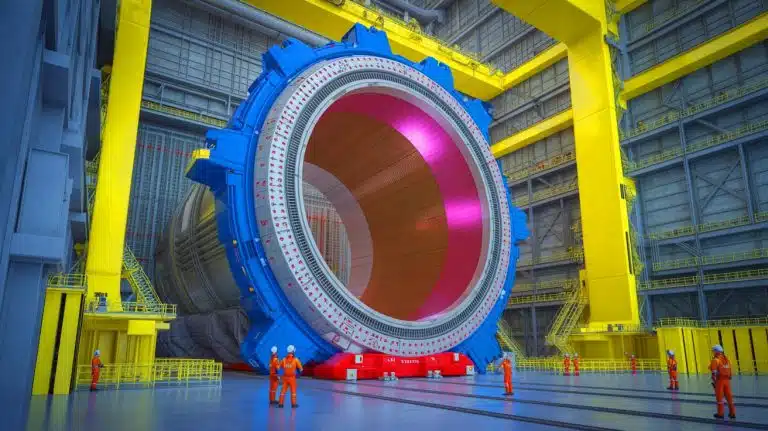 Illustration of the Central Solenoid magnet installed at the ITER project site in southern France.