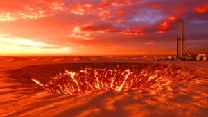 Illustration of the "Gateway to Hell" gas fire reduction efforts in the Karakum Desert.