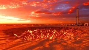 Illustration of the "Gateway to Hell" gas fire reduction efforts in the Karakum Desert.
