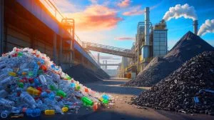 Illustration of transforming plastic waste into hydrogen-rich syngas through co-gasification with coal.