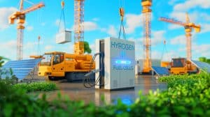 Illustration of hydrogen fuel cells powering a sustainable construction site.