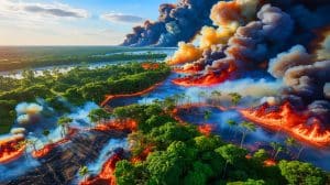 Illustration of Fires Ravaging the Amazon Rainforest in 2024, Leading to Record Carbon Emissions.