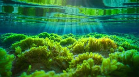 Illustration of marine green algae harnessing sunlight efficiently through unique pigments.