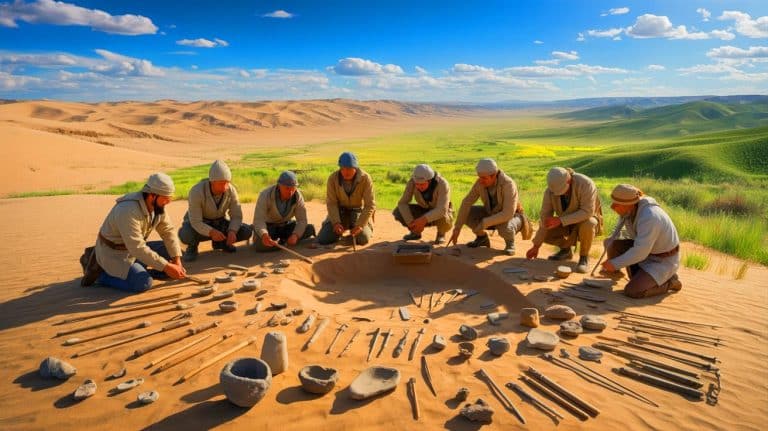 “They Found Them Buried in Sand”: This Gobi Desert Discovery Reveals Early Humans Who Outsmarted a Dying World (and changed history) Illustration of ancient stone tools discovered in the Mongolian Gobi Desert.