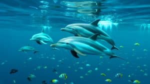 Illustration of common dolphins in the North Atlantic experiencing a decline in lifespan and its impact on marine ecosystems.