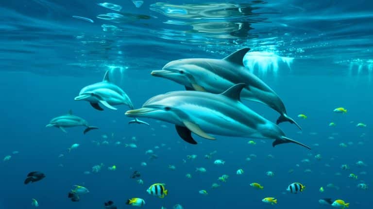 Illustration of common dolphins in the North Atlantic experiencing a decline in lifespan and its impact on marine ecosystems.