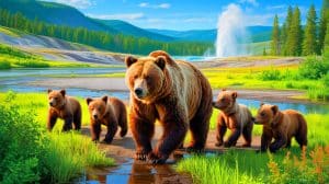 Illustration of a grizzly bear known as "Supermom" with her five cubs in Yellowstone National Park.