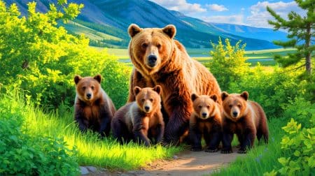 Illustration of a grizzly bear mother with five cubs in Yellowstone National Park.