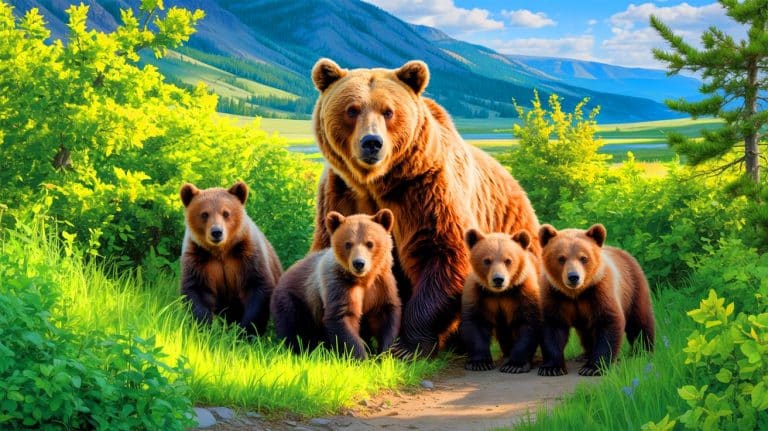 “She Shouldn’t Have This Many”: Yellowstone Grizzly Stuns Experts With Five Cubs (and One Theory Could Change Everything) Illustration of a grizzly bear mother with five cubs in Yellowstone National Park.