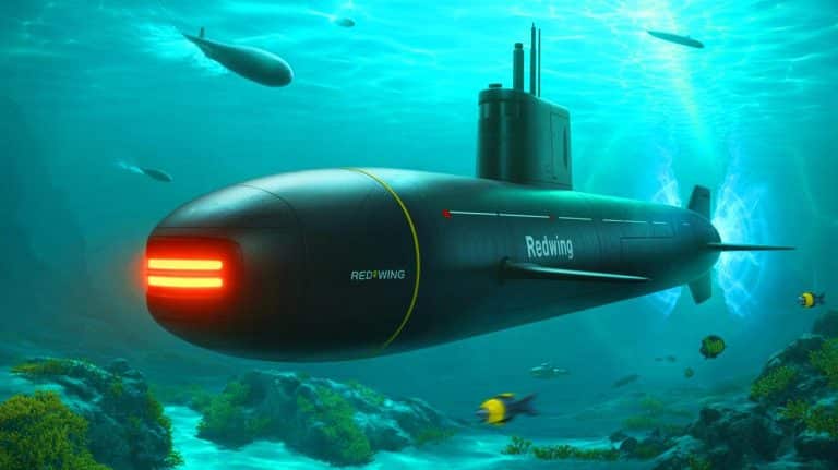 Illustration of the Redwing autonomous robotic submarine embarking on its global circumnavigation mission.