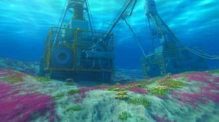 Illustration of the Pacific Ocean floor with deep-sea mining equipment and visible scars from past activities.