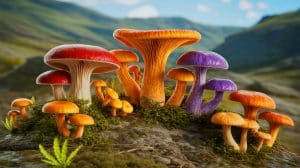 Illustration of fungi thriving on Earth millions of years before plants and animals.