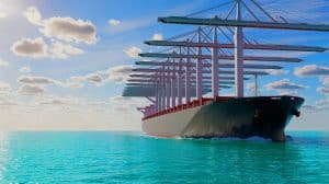 “114-Foot Sails Against the Tide”: Giant Rotors on Ore Carrier Promise to Slash Fuel Use and Redraw the Future of Global Shipping Illustration of the Grand Pioneer cargo ship equipped with giant rotor sails for wind-assisted propulsion.