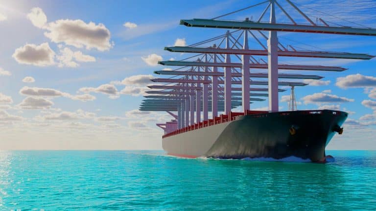 Illustration of the Grand Pioneer cargo ship equipped with giant rotor sails for wind-assisted propulsion.
