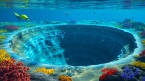 Illustration of the Nadir Crater beneath the Atlantic Ocean formed by an asteroid impact 66 million years ago.