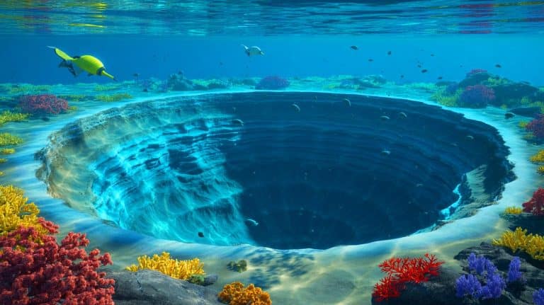 Illustration of the Nadir Crater beneath the Atlantic Ocean formed by an asteroid impact 66 million years ago.