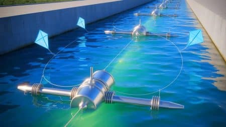 Illustration of a German Tidal Power Plant Prototype Using Kites and Cable Technology.