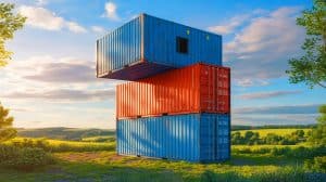Illustration of an observation tower constructed from recycled shipping containers in Litomyšl, Czech Republic.