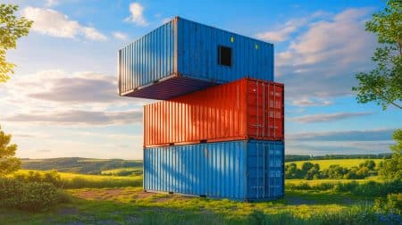 Illustration of an observation tower constructed from recycled shipping containers in Litomyšl, Czech Republic.