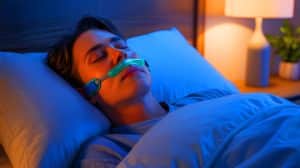 Illustration of the dual-therapy approach combining a mandibular advancement device and supplemental oxygen for obstructive sleep apnea.