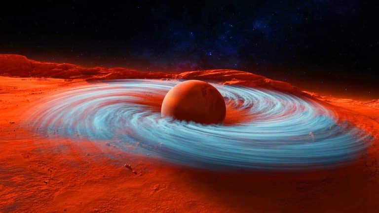 Mars’ Frozen Vortex Reveals Potential Clues to Ancient Life, Sparking New Hope for Future Discoveries Illustration of the swirling polar vortex above Mars’ north pole.