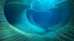 Illustration of colossal ancient structures beneath the Atlantic Ocean.