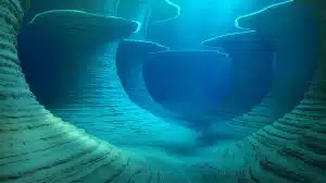 Illustration of colossal ancient structures beneath the Atlantic Ocean.