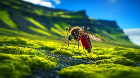 Mosquitoes Invade Pristine Ecosystem, Challenging Wildlife and Human Health in One of Earth’s Last Untouched Areas Illustration of mosquitoes in Iceland’s natural environment.