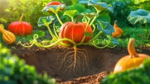 Illustration of pumpkins and other gourds absorbing pollutants from the soil.