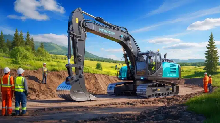 Illustration of a hydrogen-powered digger at the Lower Thames Crossing project in Kent.