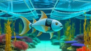 “Steel Scales Beneath the Waves”: Robotic Fish Tested in Spain Could Redefine Global Aquaculture Maintenance and Trigger a New Era of Sustainable Fish Farming Illustration of a robotic fish designed for enhancing maintenance in aquaculture environments.
