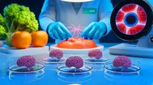 Illustration of eerie-sounding scientific innovations in health and sustainability.