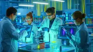 Illustration of scientists using a new tool to analyze DNA and RNA within individual cells.