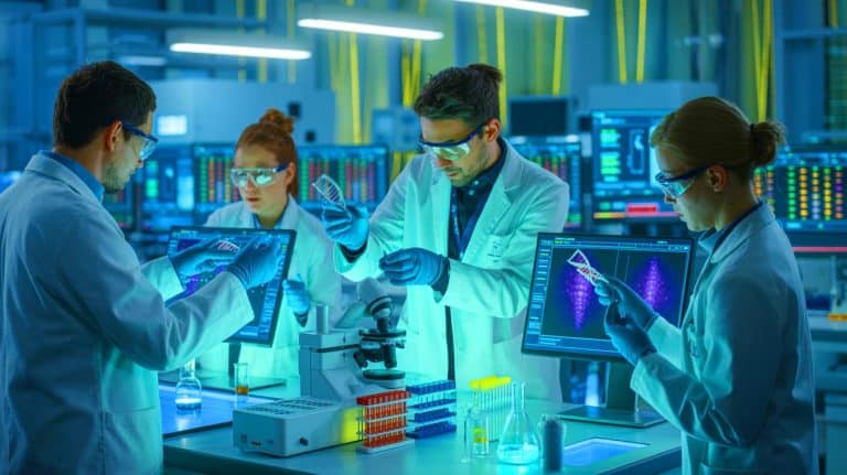 Illustration of scientists using a new tool to analyze DNA and RNA within individual cells.