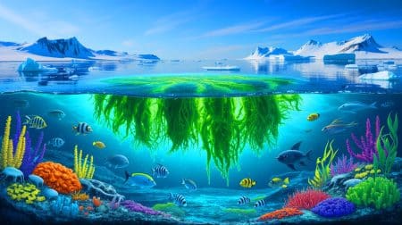 Illustration of hidden life thriving beneath melting Arctic ice.