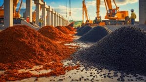 Illustration of charred coffee grounds being transformed into biochar for sustainable concrete production.