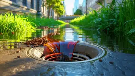 Illustration of the environmental impact of coffee waste on aquatic ecosystems.