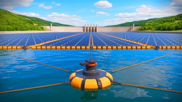 Illustration of a Self-Adjusting Buoy Enhancing Floating Solar Stability on a Hydropower Dam.