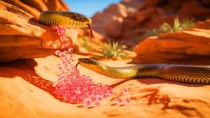 Illustration of reptiles excreting waste as solid uric acid crystals in a desert environment.