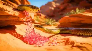 Illustration of reptiles excreting waste as solid uric acid crystals in a desert environment.