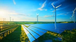 Illustration of Solar and Wind Energy Surpassing Coal in Global Electricity Generation.