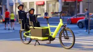 Illustration of a modular cargo ebike adapting to different family and hauling needs.