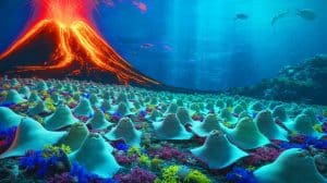 Illustration of an underwater volcano revealing thousands of Pacific white skate eggs.