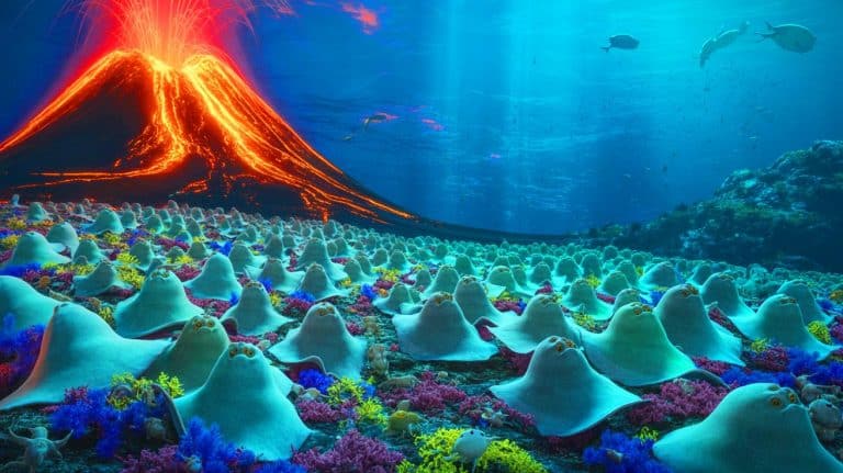 “This Volcano Is Alive With Life”: Scientists Find Thousands of Giant Skate Eggs Incubating in Fiery Depths Off Vancouver Island Illustration of an underwater volcano revealing thousands of Pacific white skate eggs.