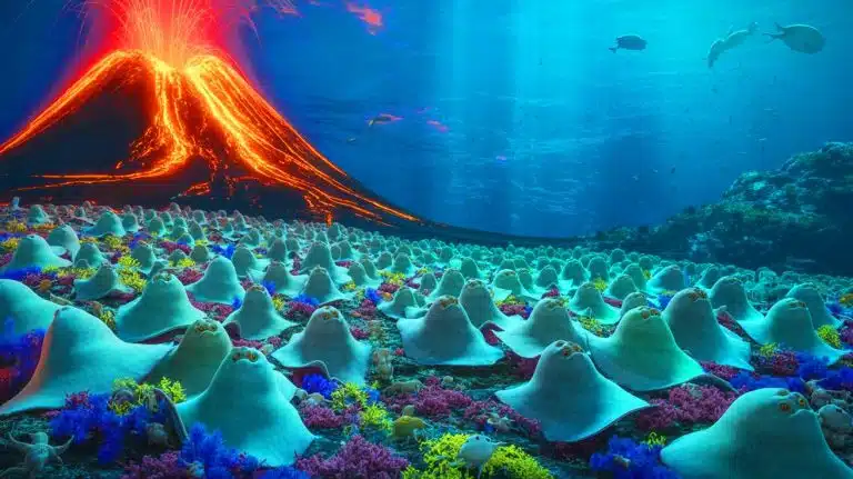 “This Volcano Is Alive With Life”: Scientists Find Thousands of Giant Skate Eggs Incubating in Fiery Depths Off Vancouver Island Illustration of an underwater volcano revealing thousands of Pacific white skate eggs.